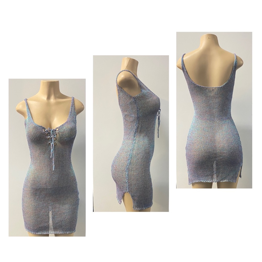 Iridescent Lace Up Front Swim Coverup Mini Dress